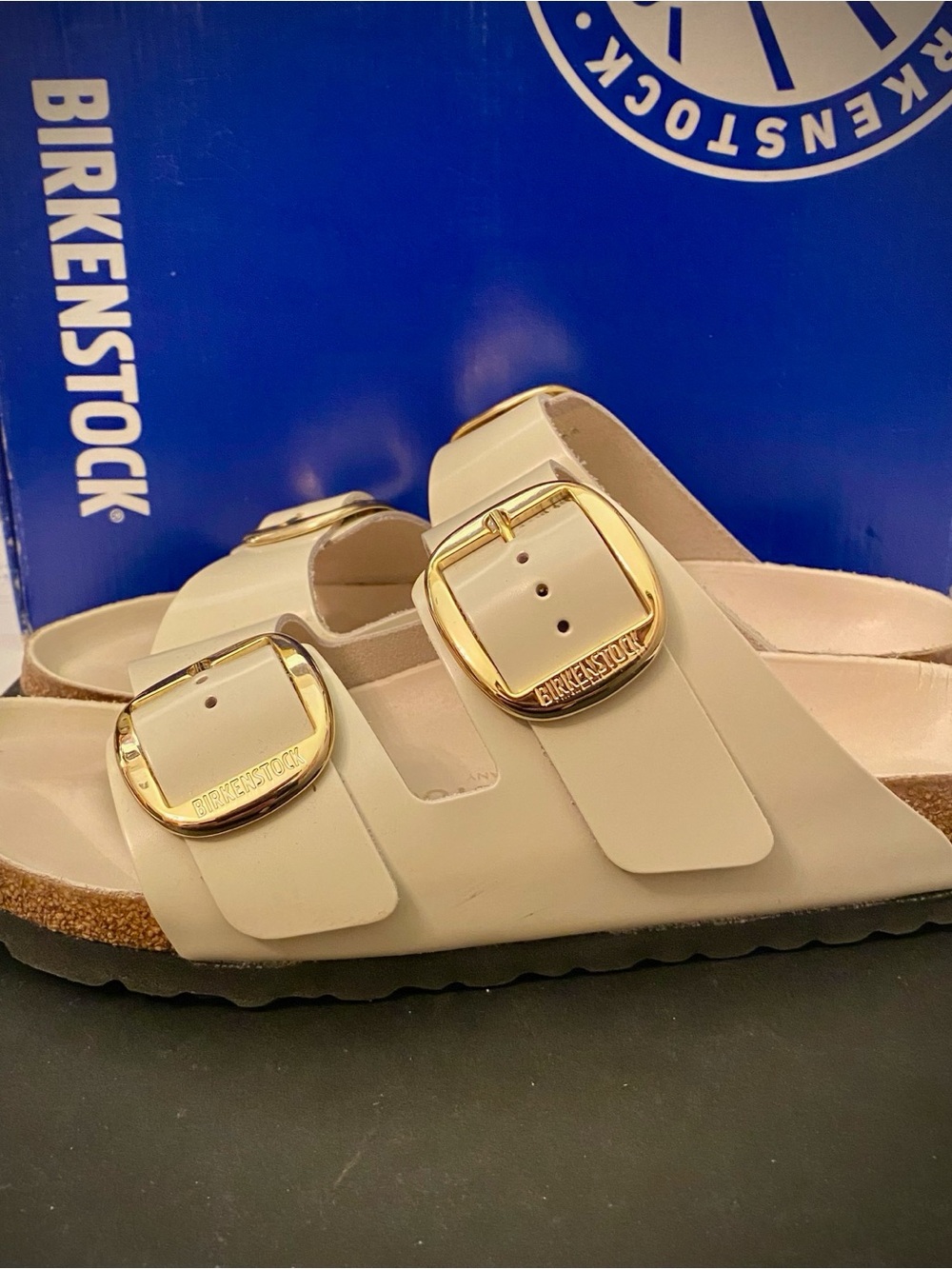 Birkenstock Two-Strap Sandal in Cream with Gold Buckles